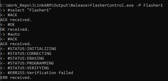 FlasherControl.exe example for automatic mode with pre-selected project