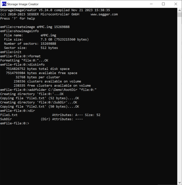 Screenshot of the Dir command of the Storage Image Creator.