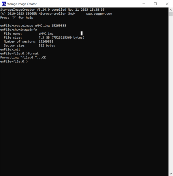 Screenshot of the Format command of the Storage Image Creator.