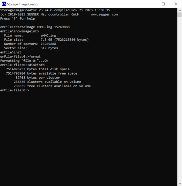 Screenshot of the DiskInfo command of the Storage Image Creator.