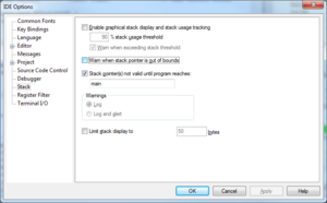 Disablind the IAR steck check warning in the Options dialog