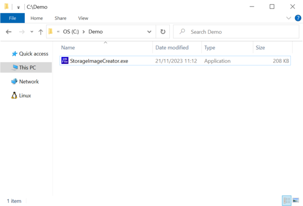 Screenshot of the work folder containing the Storage Image Creator executable.