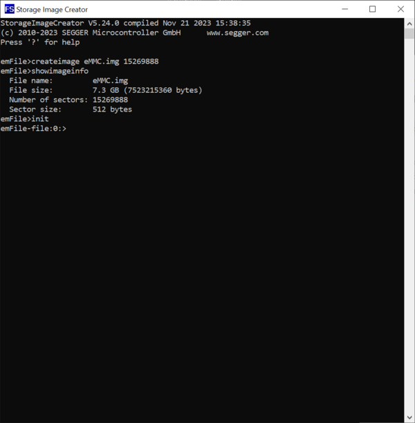 Screenshot of the Init command of the Storage Image Creator.