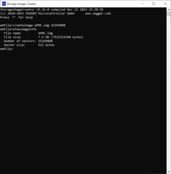 Screenshot of the ShowImageInfo command of the Storage Image Creator.