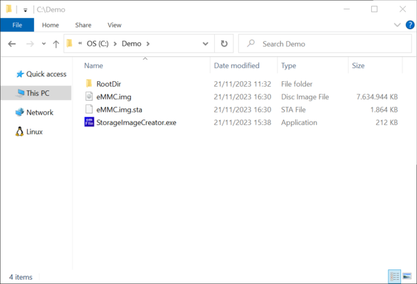 Screenshot of the work folder that contains the created image file.